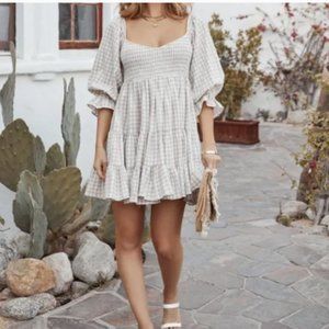 L Mable Gingham Tan And White Ruffle Mini Flirty Dress